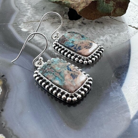 Sterling Southwestern Style Rectangle Shattuckite Dangle Earrings For Women - Picture 3 of 10
